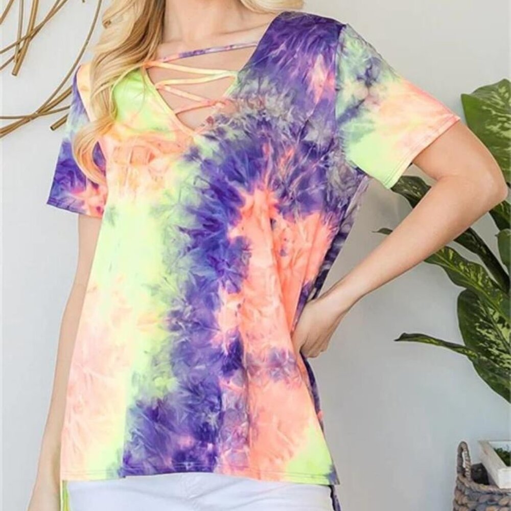 Tie Dye Crisscrossed Top "Coral/purple"